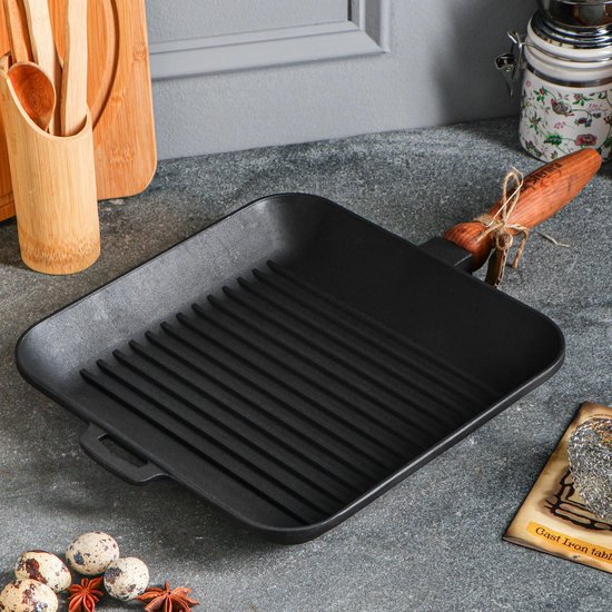 Maysternya Gietijzeren Grillpan vierkant met houten handvat - 28 x 28 x 4 cm