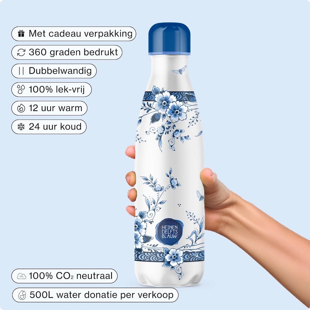 IZY Drinkfles - Faience | Luxe Thermofles 500ML - Heinen Delfts Blauw Collectie