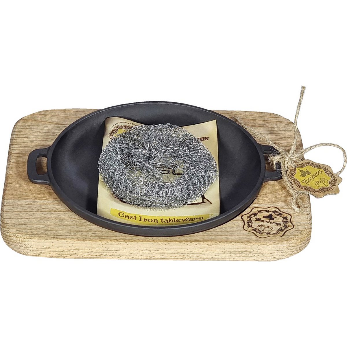 Maysternya Gietijzeren Serveerpan op houten plank - Ø 20 x 4 cm