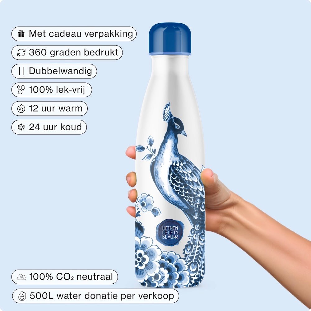 IZY Drinkfles - Peacock | Luxe Thermofles 500ML - Heinen Delfts Blauw Collectie