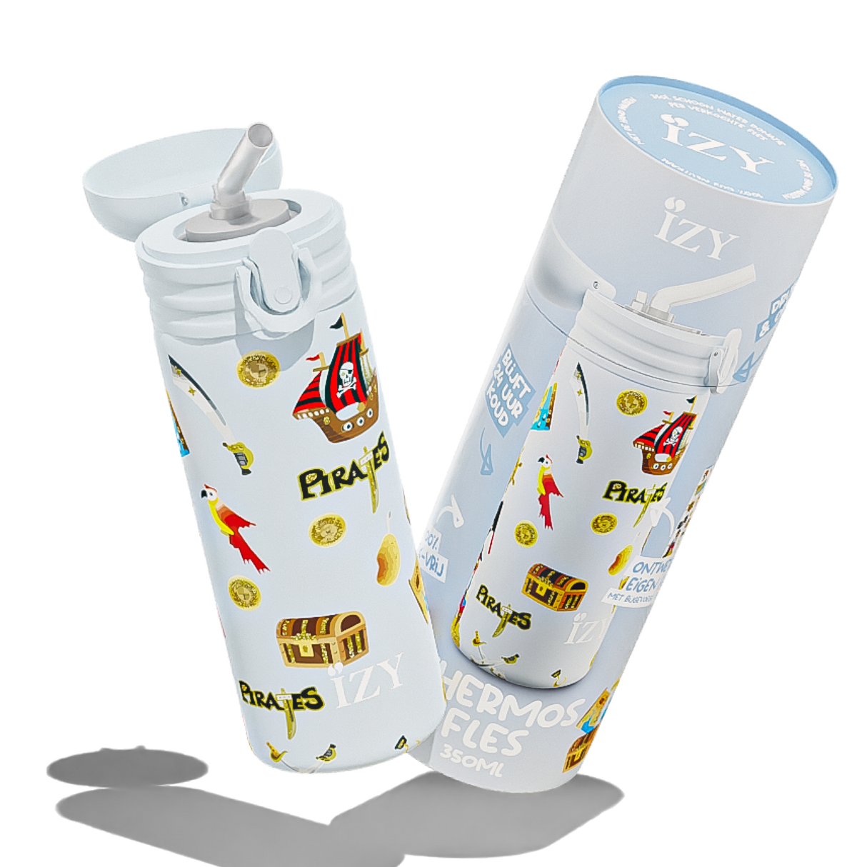 IZY Kids Thermofles - Blauwe Piraten | 350ML Kinderdrinkfles - Ontwerp je Eigen Fles