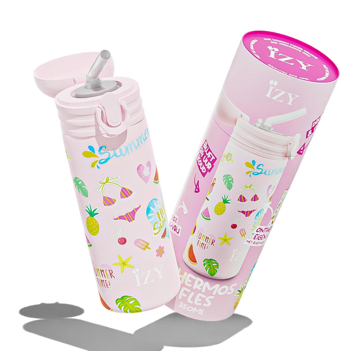 IZY Kids Thermofles - Roze Zomer | 350ML Kinderdrinkfles - Ontwerp je Eigen Fles